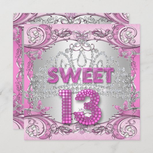 Sweet 13 13th roze Silver Tiara Birthday Party 2 Kaart (Voorkant / Achterkant)