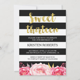Sweet 13 Birthday Floral Gold Black White Stripes Kaart