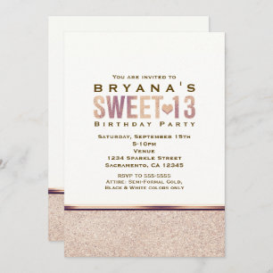 SWEET 13 Faux Roos Gold Champagne Party Invitation Kaart