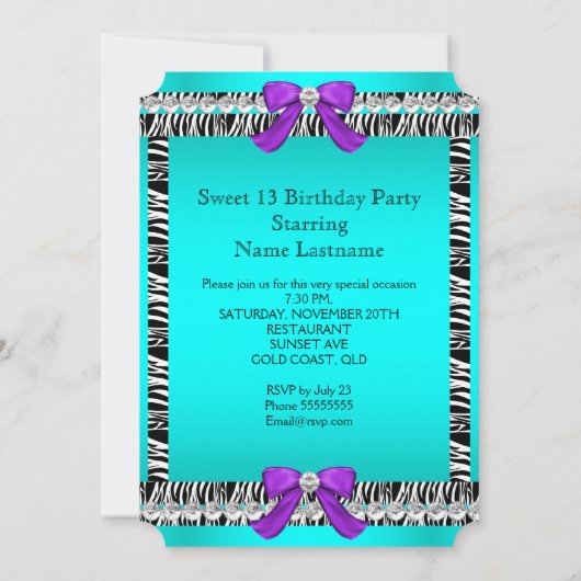 Sweet 13 Fun Party Zebra Blauwgroen Blue Paars Tic Kaart (Achterkant)