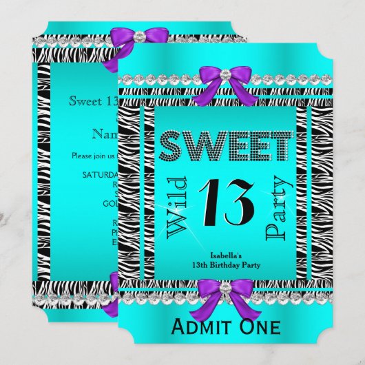 Sweet 13 Fun Party Zebra Blauwgroen Blue Paars Tic Kaart (Voorkant / Achterkant)