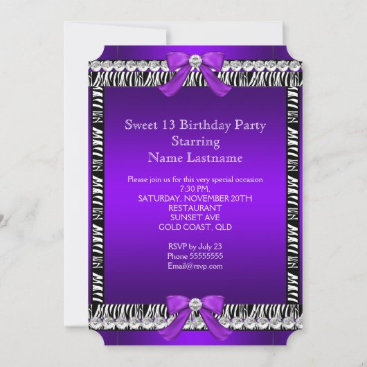 Sweet 13 Fun Party Zebra Paars Ticket 3 Kaart (Achterkant)
