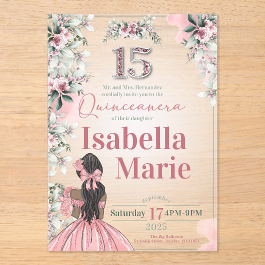 Sweet 15 Fancy en Bloemen Acryl Uitnodiging (Voorkant)