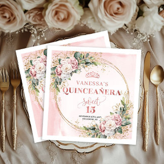 Sweet 15 Napkins with Rose Gold Greenery Accents Servet