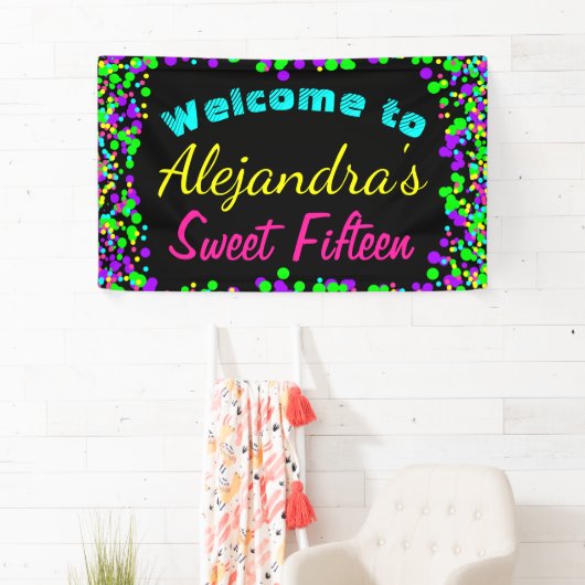 Sweet 15 Neon Glow Confetti Birthday Party Spandoek (Insitu)