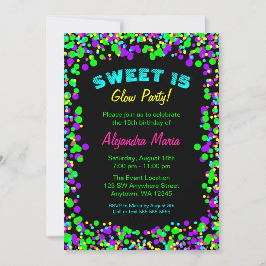 Sweet 15 Neon Glow Confetti Party uitnodigingen (Voorkant)