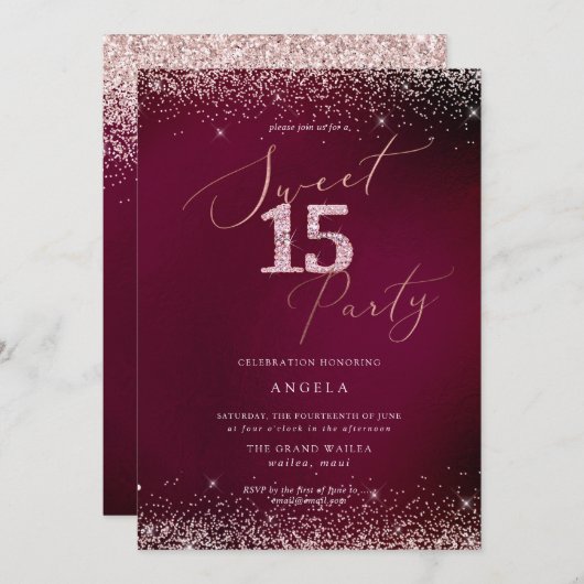 Sweet 15 Roze Diamond Glitters Burgundy Kaart (Voorkant / Achterkant)