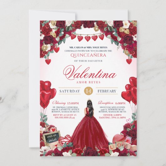 Sweet 15 Valentijnsdag Rood Verjaardag Quinceañera Kaart (Voorkant)