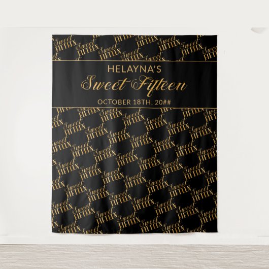 Sweet 15 zwarte en goudfeestdagen achtergrond wandkleed (Voorkant)