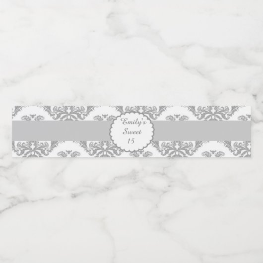 Sweet 16 15 Flesetiket Zilver Grijs Damast Waterfles Etiket (Enkel label)
