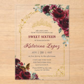 Sweet 16 15 Quinceanera Bourgogne Floral Gold Arch Acryl Uitnodigingen (Voorkant)