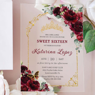 Sweet 16 15 Quinceanera Bourgogne Floral Gold Arch Acryl Uitnodigingen