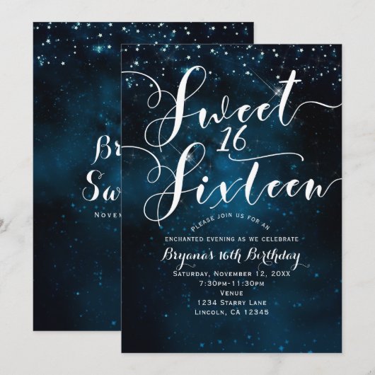 SWEET 16 16 Celestial Starry Blue Sky Party Kaart (Voorkant / Achterkant)