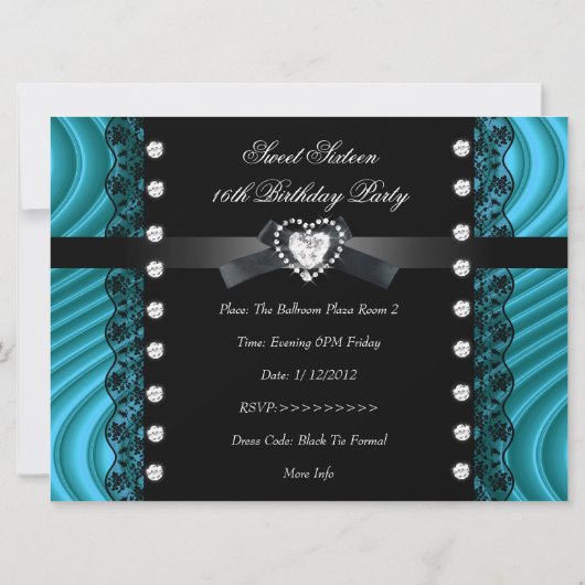 Sweet 16 16 zwarte Blauwgroen Blauwe Wit Gezicht Kaart (Achterkant)