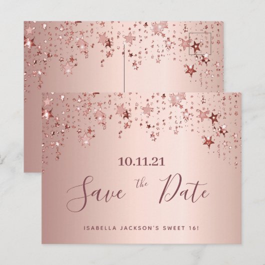 Sweet 16 16de verjaardagsfeest roze gouden sterren briefkaart (Voorkant / Achterkant)