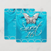 Sweet 16 16e Blauwgroen Blue Butterfly Pearl Party Kaart (Voorkant / Achterkant)