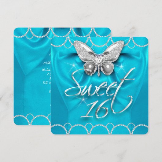 Sweet 16 16e Blauwgroen Blue Butterfly Pearl Party Kaart (Voorkant / Achterkant)