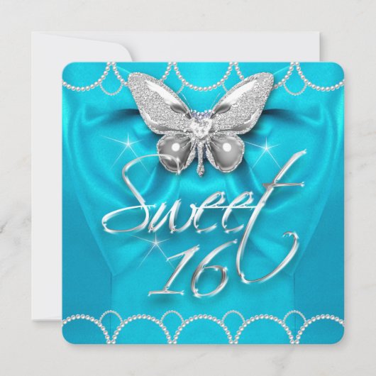 Sweet 16 16e Blauwgroen Blue Butterfly Pearl Party Kaart (Voorkant)