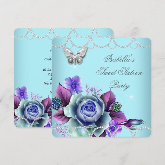 Sweet 16 16e Floral Blauwgroen Paars Butterfly Pea Kaart (Voorkant / Achterkant)