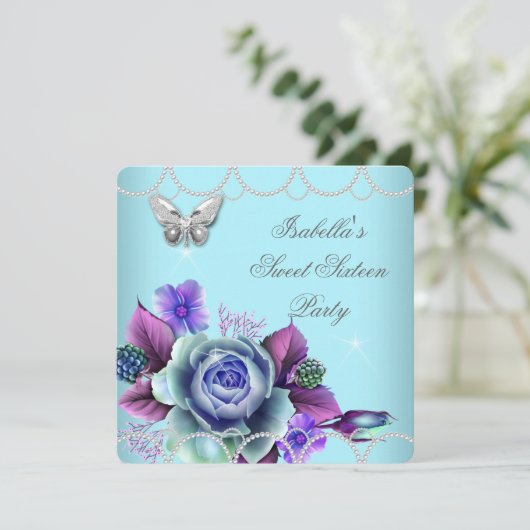 Sweet 16 16e Floral Blauwgroen Paars Butterfly Pea Kaart (Staand voorkant)