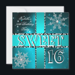 Sweet 16 16th Birthday Blauwgroen Winter Wonderlan Kaart<br><div class="desc">Sweet 16, Sweet Sixteen Birthday Party, Blauwgroen Blue, Koe Trim en Winter Wonderland Snowflakes, Black White, Teen Birthday Party teenager, eenvoudig, schoon, design, 16de 'Birthday Party Girls', pas je aan met je eigen details en leeftijd. Sjabloon voor de zoete 16, 16e, Quinceanera 15e, 18e, 20e, 21e, 30e, 40e, 50e, 60e,...</div>