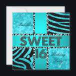 Sweet 16 16th Birthday Zebra Blauwgroen zwart Kaart<br><div class="desc">Sweet 61 16 16th Birthday Zebra Blauwgroen Blue Black White Teen Birthday Party (13de verjaardag) tieners simpel,  schoon,  design,  Birthday Party Girls,  13de</div>