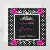 Sweet 16 16th Black White spot Roze floral Tiara Kaart (Voorkant)