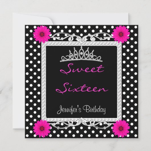 Sweet 16 16th Black White spot Roze floral Tiara Kaart (Voorkant)