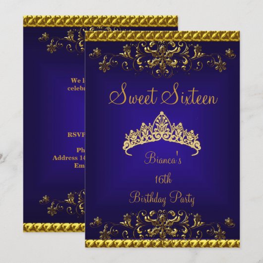 Sweet 16 16th Deep Blue Gold Diamond Tiara Kaart (Voorkant / Achterkant)