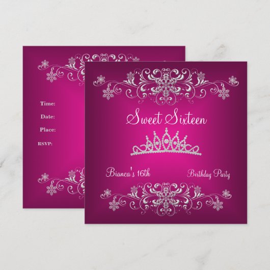 Sweet 16 16th Pink Silver Diamond Tiara Kaart (Voorkant / Achterkant)