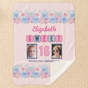 Sweet 16 2 foto naam datum bloemen roze sherpa deken