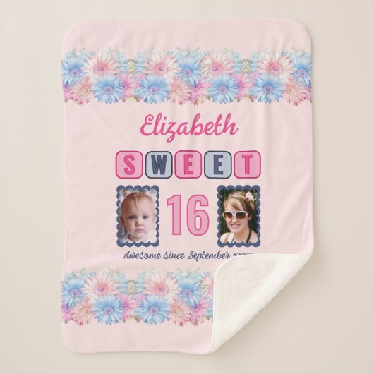 Sweet 16 2 foto naam datum bloemen roze sherpa deken (Voorkant)