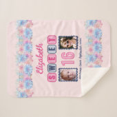 Sweet 16 2 foto naam datum bloemen roze sherpa deken (Voorkant (horizontaal))