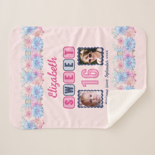 Sweet 16 2 foto naam datum bloemen roze sherpa deken (Voorkant (horizontaal))