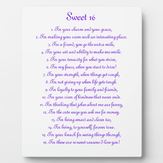 "Sweet 16" 8 x 10" Plaque Fotoplaat (Voorkant)