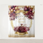 Sweet 16 Achtergrond Bordeaux Bloemen Gouden Ballo Wandkleed (Voorkant)
