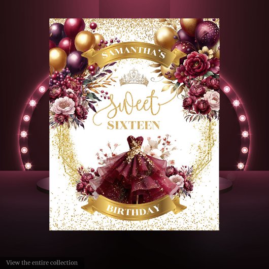 Sweet 16 Achtergrond Bordeaux Bloemen Gouden Ballo Wandkleed