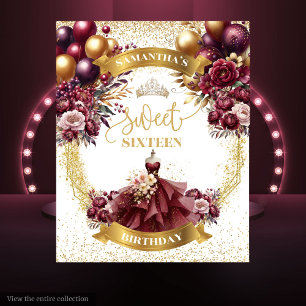 Sweet 16 Achtergrond Bourgondië Jurk Gouden Ballon Wandkleed