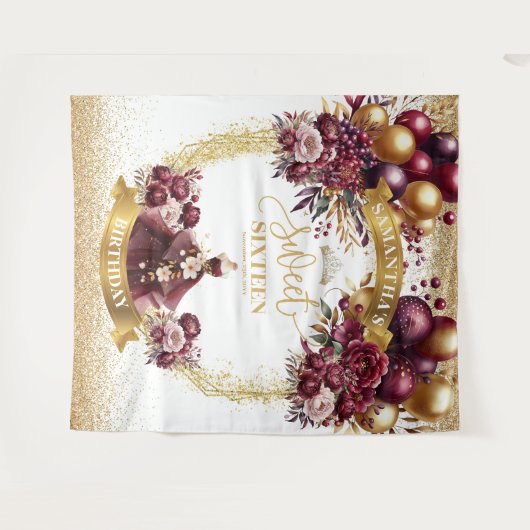 Sweet 16 Achtergrond Bourgondische Ballonnen Goude Wandkleed (Voorkant (horizontaal))