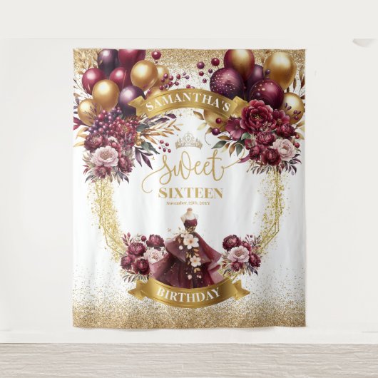 Sweet 16 Achtergrond Bourgondische Ballonnen Goude Wandkleed (Voorkant)