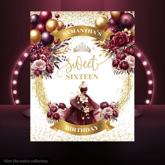 Sweet 16 Achtergrond Bourgondische Ballonnen Goude Wandkleed