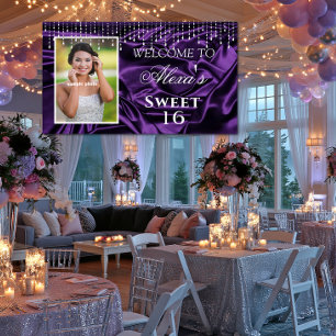 Sweet 16 Afstudeer Paarse Satijn Diamanten Slierte Spandoek