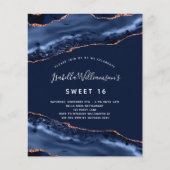 Sweet 16 agate marineblauw roos gouden uitnodiging (Voorkant)