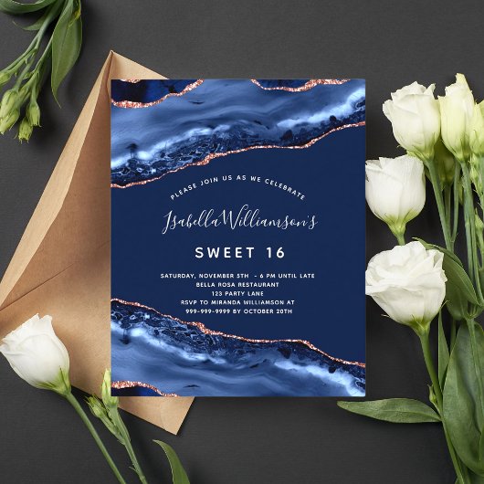 Sweet 16 agate marineblauw roos gouden uitnodiging