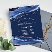 Sweet 16 agate marineblauw roos gouden uitnodiging