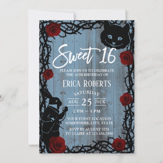 Sweet 16 Alice in Wonderland Dusty Blue Barn Wood Kaart (Voorkant)