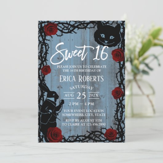 Sweet 16 Alice in Wonderland Dusty Blue Barn Wood Kaart (Staand voorkant)