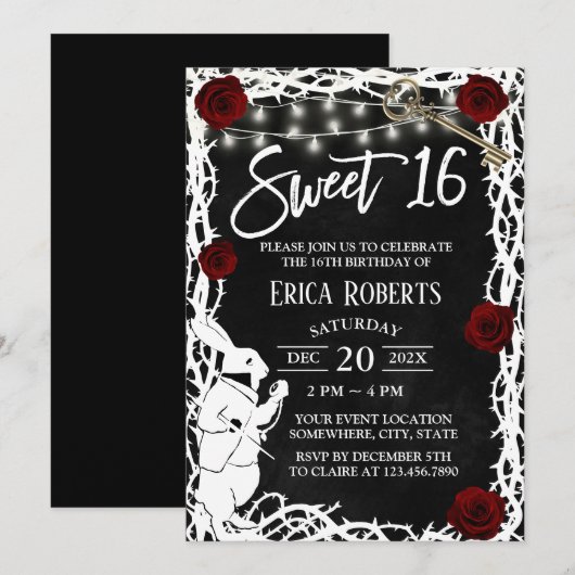 Sweet 16 Alice in Wonderland Thorn & Roos Flower Kaart (Voorkant / Achterkant)