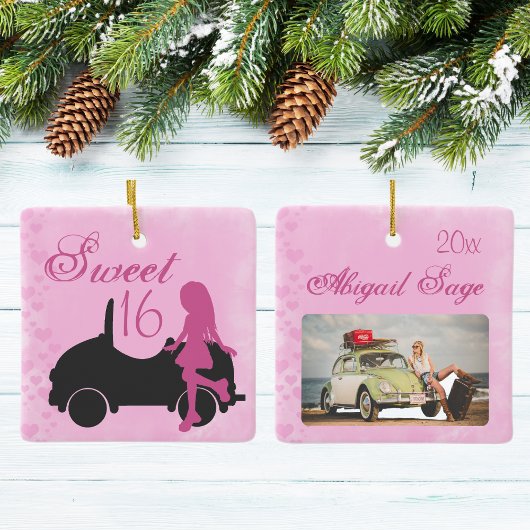 Sweet 16-auto - Gepersonaliseerd Fotoroze Kerstmis Keramisch Ornament