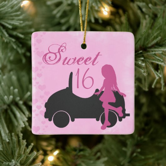 Sweet 16-auto, roze roze zwart, zoet zestien keramisch ornament (Boom)